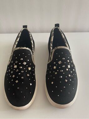 Donald J. Pliner Black Studded Slip-On Mules with Snakeskin Trim